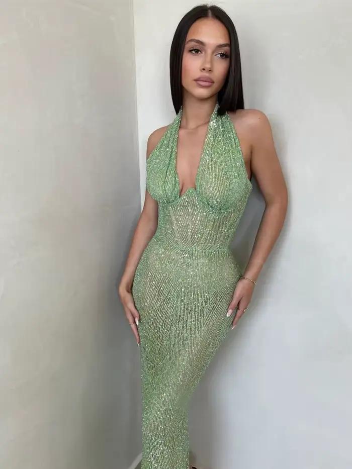 Robe longue à paillettes pour femmes, Sexy, col en V profond, col licou, vert, sans manches, dos nu,