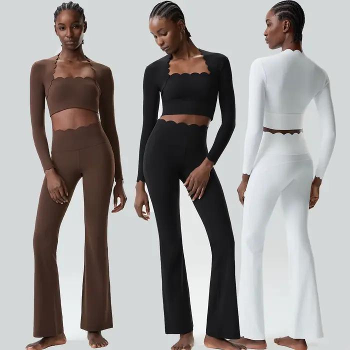 Ensemble de yoga fitness deux pièces pour femmes, couleur unie, manches longues, vêtements de sport 