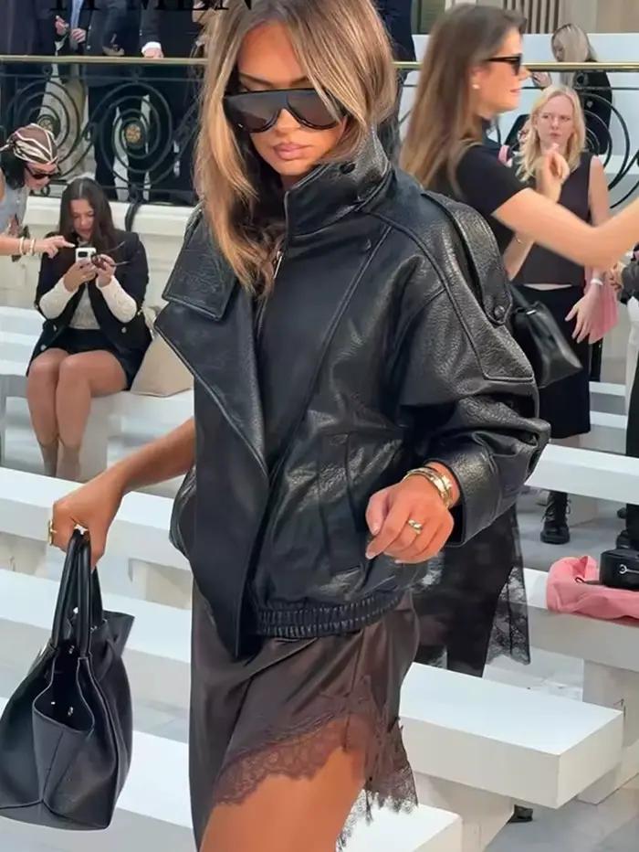 TFMLN – vestes Chic en Faux cuir noir pour femme, manteaux surdimensionnés élastiques à manches long