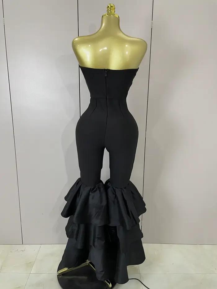 Luxe anniversaire Sexy bretelles noir volants moulante Flare Bandage combinaison 2025 femmes célébri