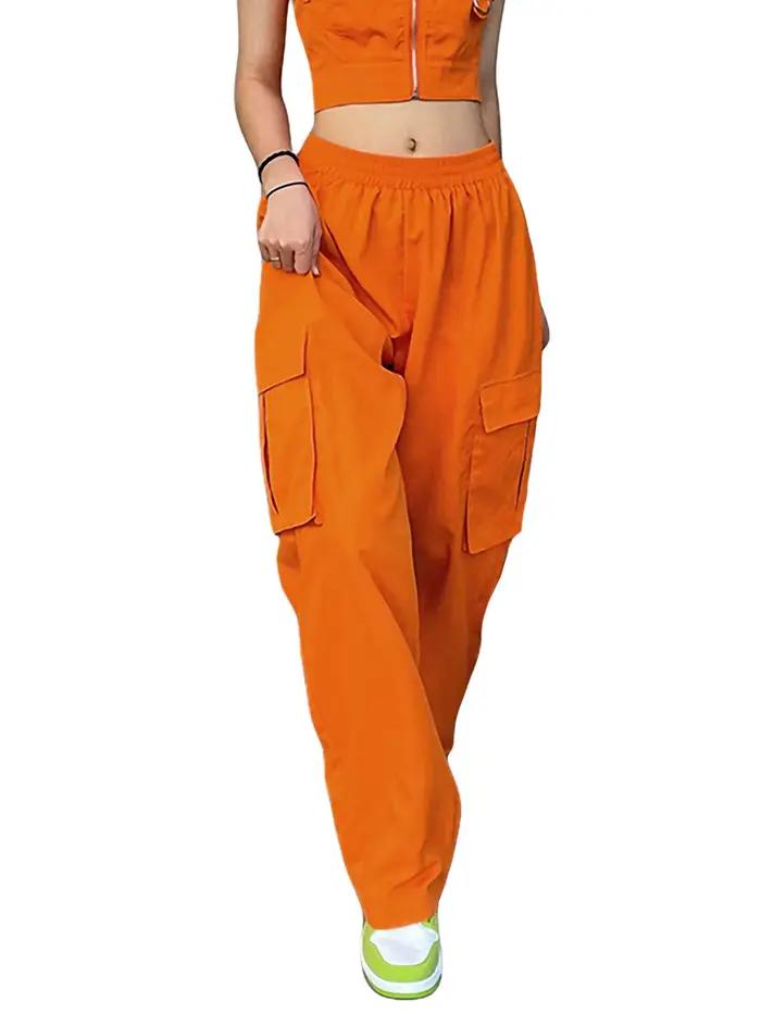 Pantalon Décontracté à Taille artificiel astique pour Femme, Couleur Unie, Jambes Droites, Poches, A