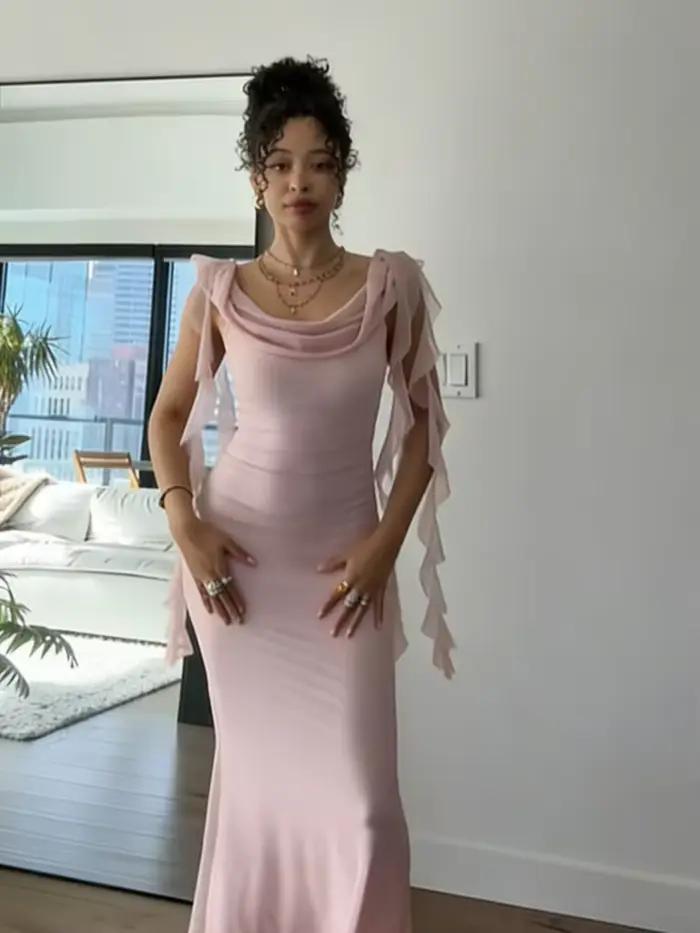 Robe de soirée élégante pour femme, style célébrité, à volants superposés, épaules dénudées, fluide,