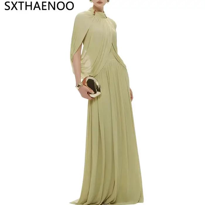 Robe longue plissée en mousseline SXTHAENOO pour femme, élégante, à manches volantées, col roulé, pa
