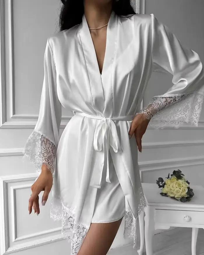 Femmes Sexy Robe de nuit Robe col en v Satin dentelle peignoir demi manches chemise de nuit femme fr