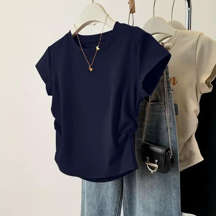 Haut d'été à manches courtes pour femmes, chemise de Base polyvalente, coupe cintrée, col rond, déco