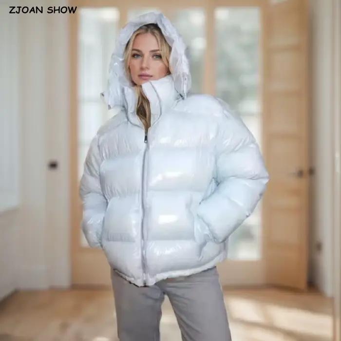 Nouveau hiver mode femmes bleu clair brillant fermeture éclair pain Parka manteau femme col montant 