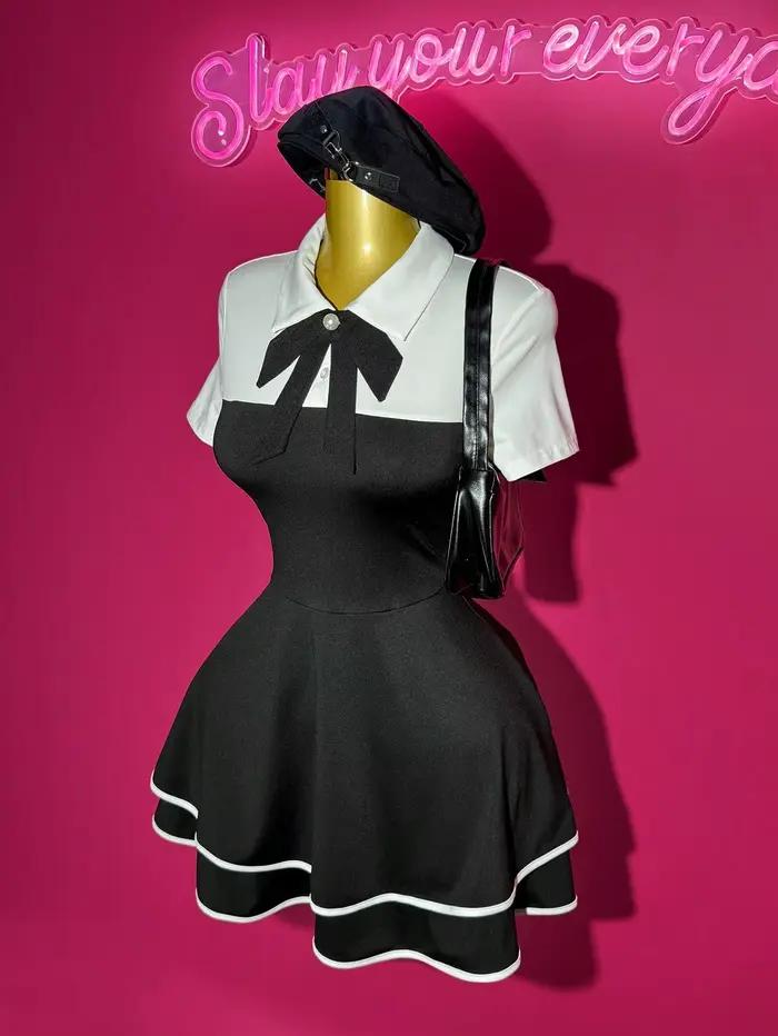 Mini robe bloc de couleur avec nœud papillon et col polo avec ourlet à volants, coupe trapèze pour u