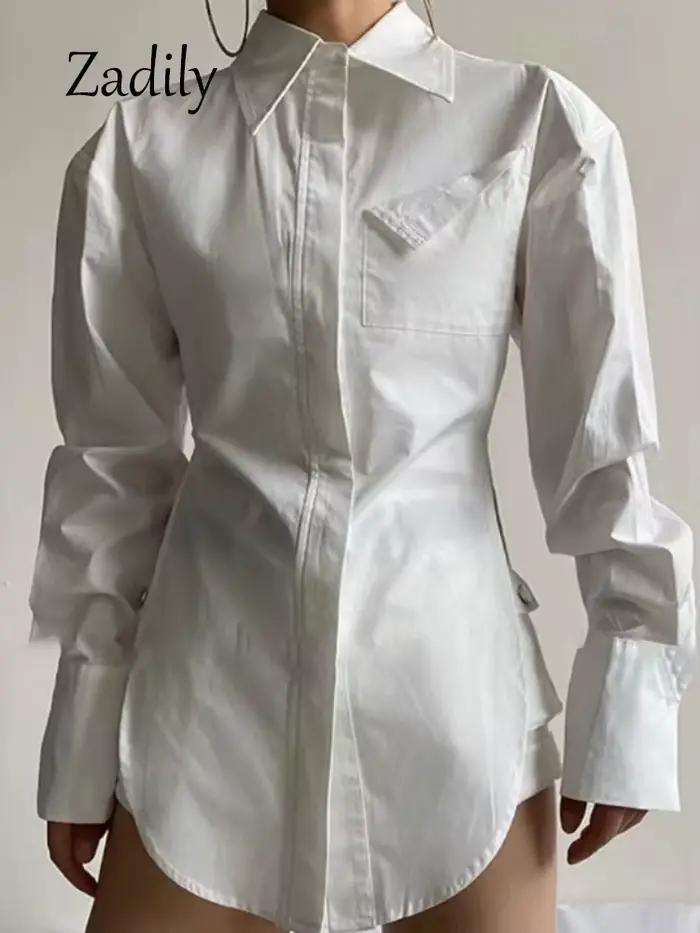 Zadily 2025 automne nouveau en Streetwear à manches longues chemise blanche femmes minimaliste poche