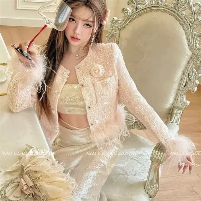 Doudoune épaisse à paillettes, petite veste parfumée, épissage de cheveux d'autruche, haut Noble de 