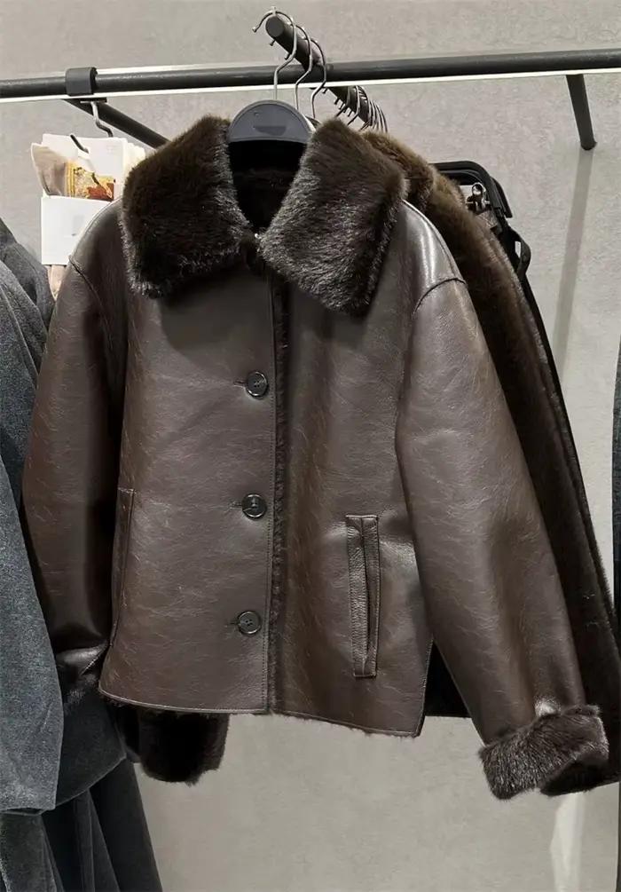 Veste femme 2025 automne/hiver nouveautés marron foncé à manches longues en simili cuir veste révers