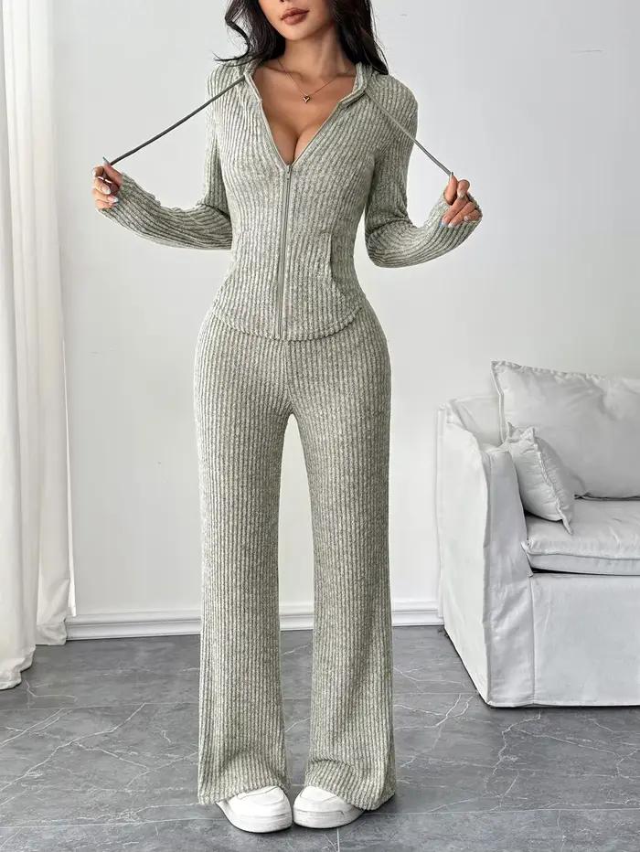 Ensemble haut à capuche et pantalon évasé ample pour femmes, couleur unie, à la mode, décontracté, à