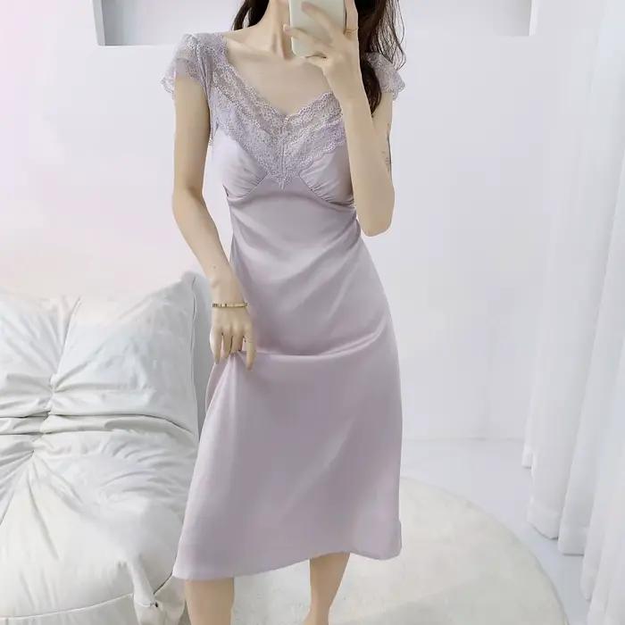 Sexy col en v profond chemise de nuit maison robe de chambre longue robe de nuit vêtements de nuit e