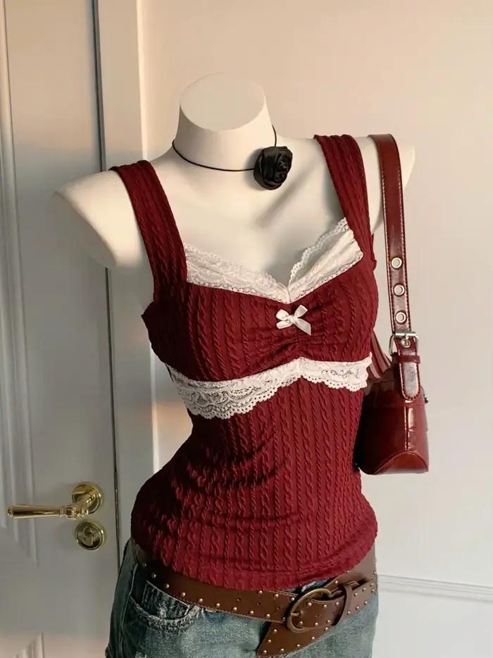 Nouveau débardeur femme Y2K tendance été avec dentelle et nœud décoratif, style pur et séduisant