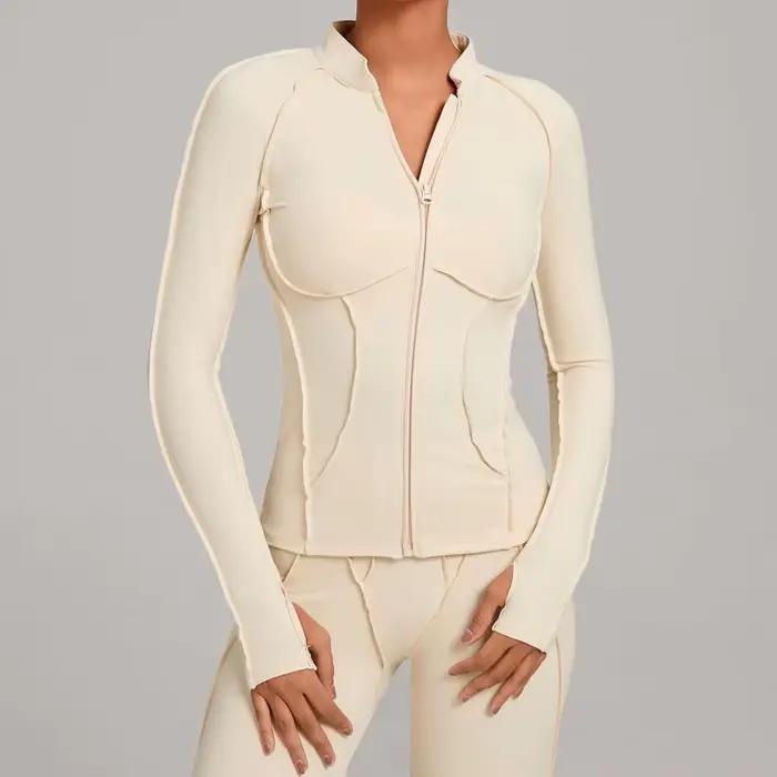 Veste de Yoga à manches longues et fermeture éclair pour femme, col montant, moulante, séchage rapid