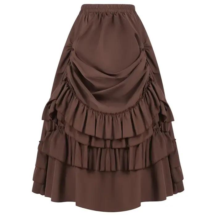 Jupe victorienne longue taille haute à volants marron, jupes Steampunk, tenue de fête pour femmes, v