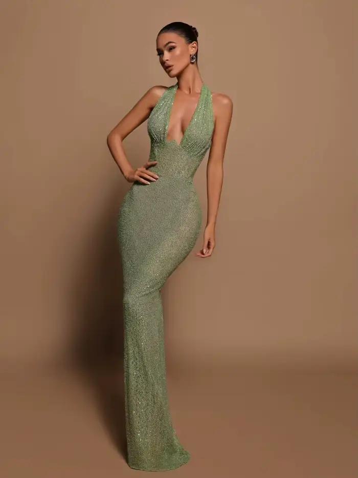 Robe longue à paillettes pour femmes, Sexy, col en V profond, col licou, vert, sans manches, dos nu,