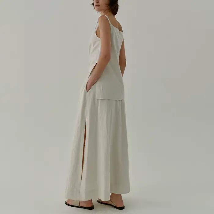 Jupe Chic en lin Vintage fendue sur le côté pour femmes, couleur unie, coton et lin, nouvelles jupes