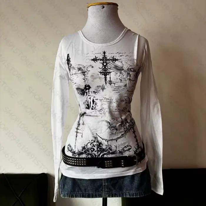 Y2k style esthétique doux et sexy haut à manches longues pour femmes décontracté gothique punk impri