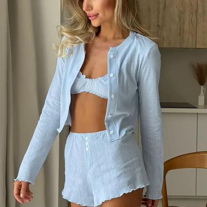 Printemps mode femmes vêtements de nuit costume col rond nuisette à manches longues pyjamas débardeu