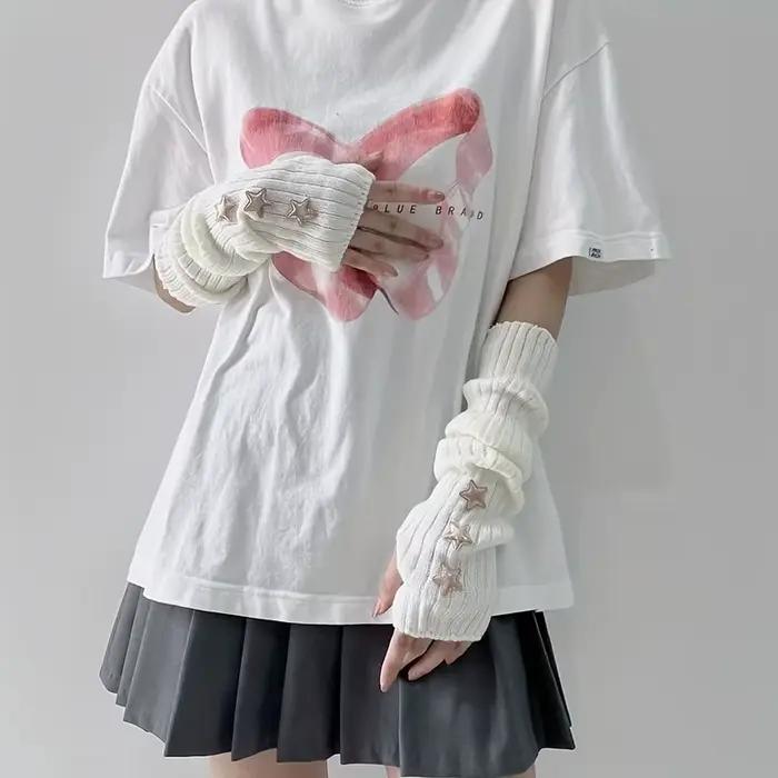 1 paire de gants sans doigts pour femmes, avec décoration d'étoiles, blanc/noir/rose, lavables en ma