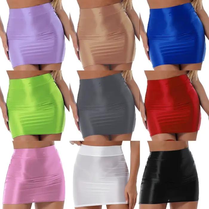 Sexy brillant couleur unie jupes crayon nouveauté mode décontracté taille haute ceinture élastique m