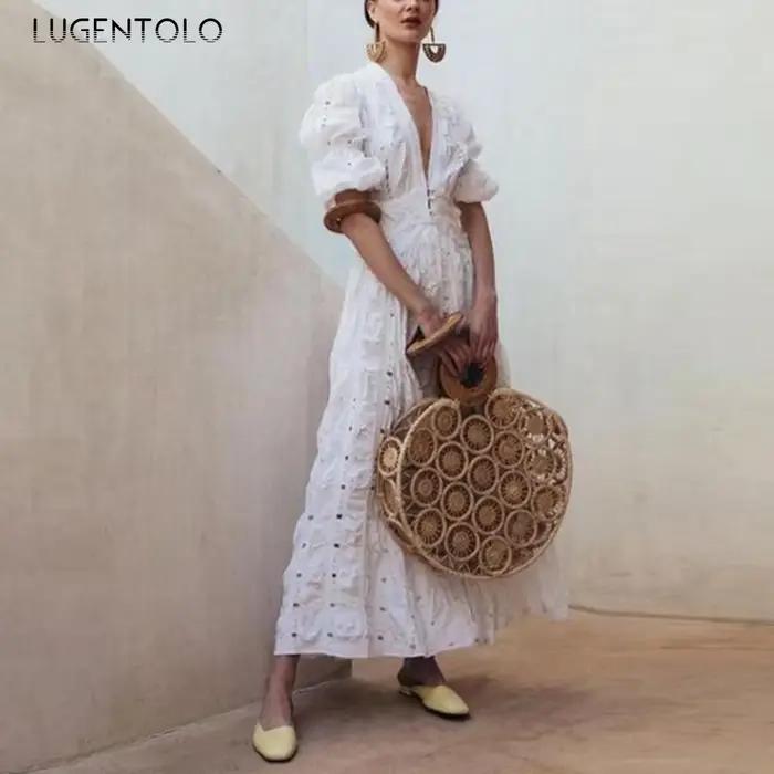 Lugentolo-Robe en dentelle blanche pour femme, manches courtes, col en V profond, mince, grande bala