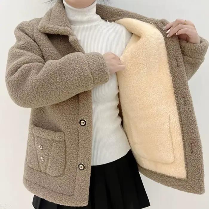 Manteau en fourrure d'agneau à simple boutonnage pour femme, veste décontractée pour femme, poche à 