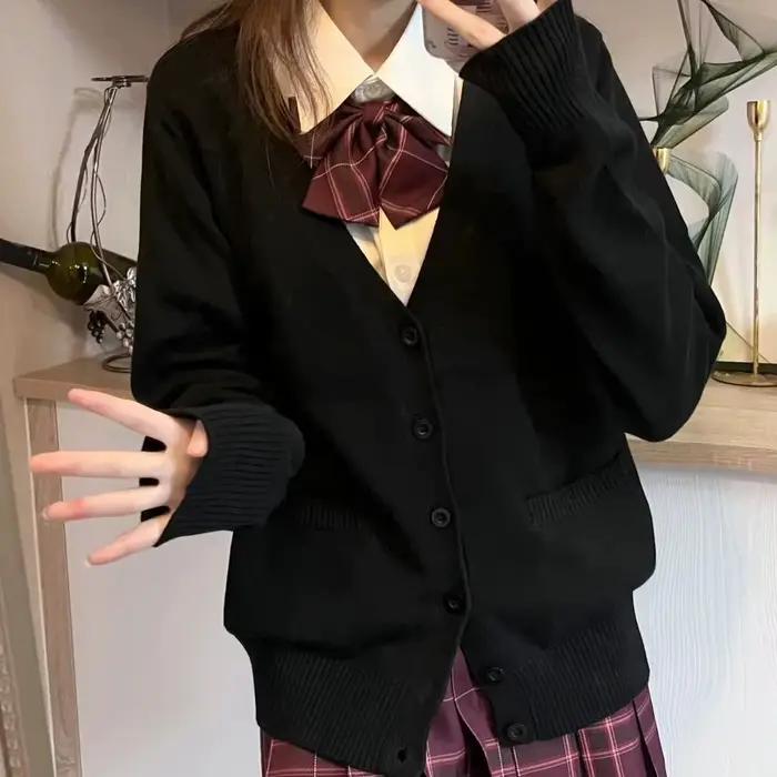 Pull tricoté à col en v de couleur unie de mode japonaise, haut cardigan uniforme newJK original, pu