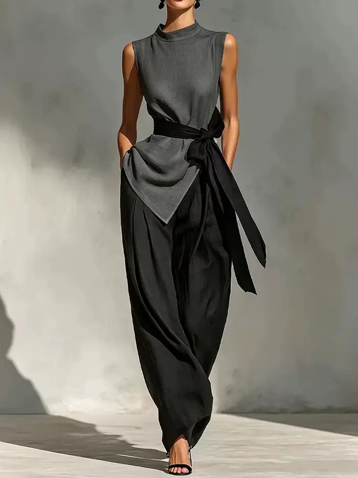 Nouvel ensemble deux pièces assorti pour femme, pull-over à col rond avec patchwork et laçage, tenue