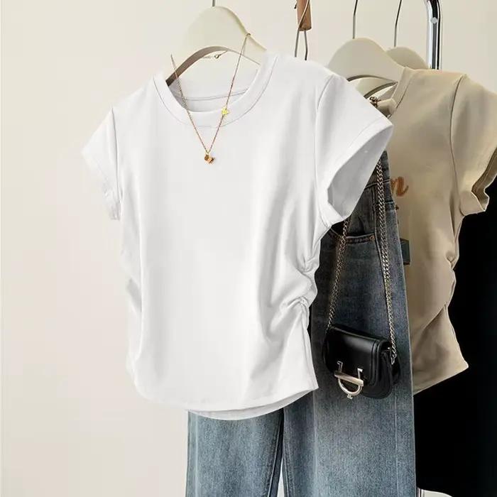 Haut d'été à manches courtes pour femmes, chemise de Base polyvalente, coupe cintrée, col rond, déco