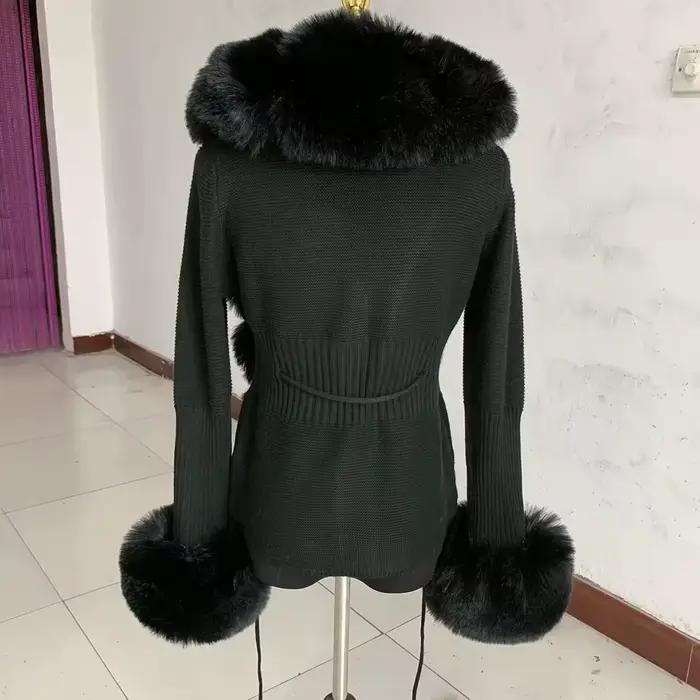 Cardigan court en tricot pour femme, collection printemps-automne, en fausse fourrure, avec col en f