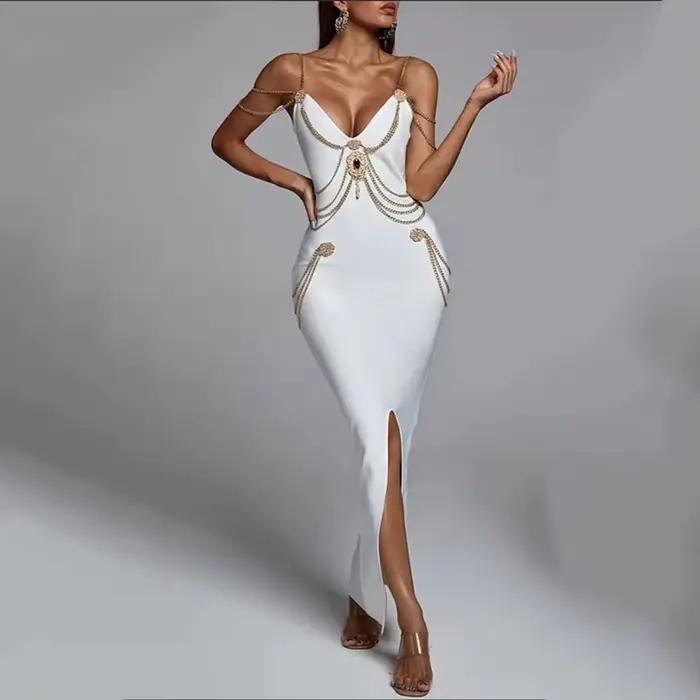 JOSpaghetti Strap V-Neck Split Bandage fur s, High Quality, Long fur s for Celebrity Club Party, Edu