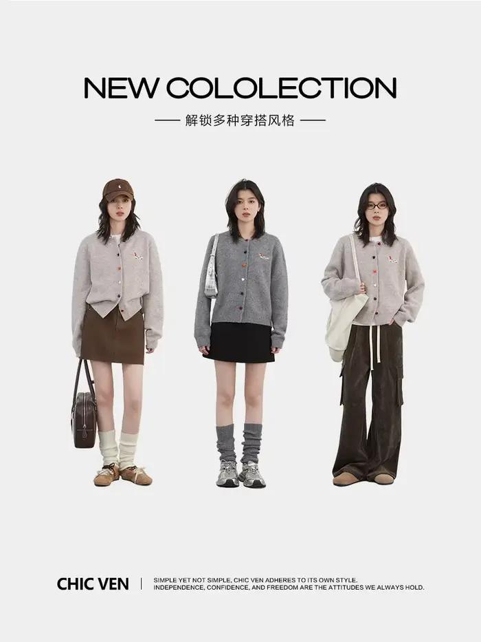 CHIC VEN femmes Cardigan ample décontracté nouveau col rond amour bouton chien broderie tricoté chan