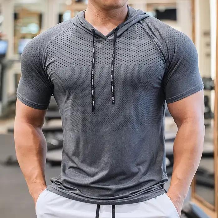 Sweat à capuche pour hommes, course à pied, musculation, Sport, manches courtes, vêtements de Fitnes