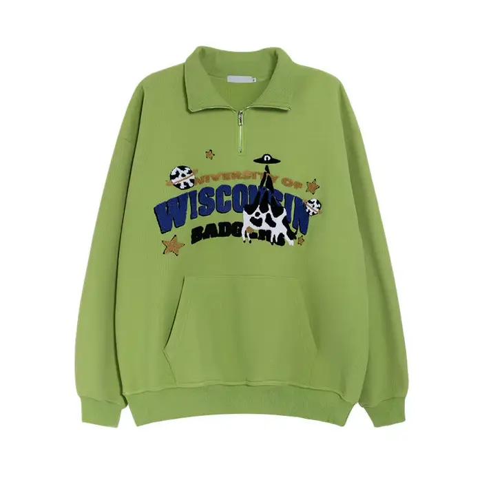 Avocat vert mignon vache broderie POLO sweat demi fermeture éclair ample décontracté étudiants fille