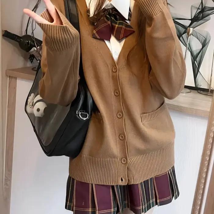 Pull tricoté à col en v de couleur unie de mode japonaise, haut cardigan uniforme newJK original, pu