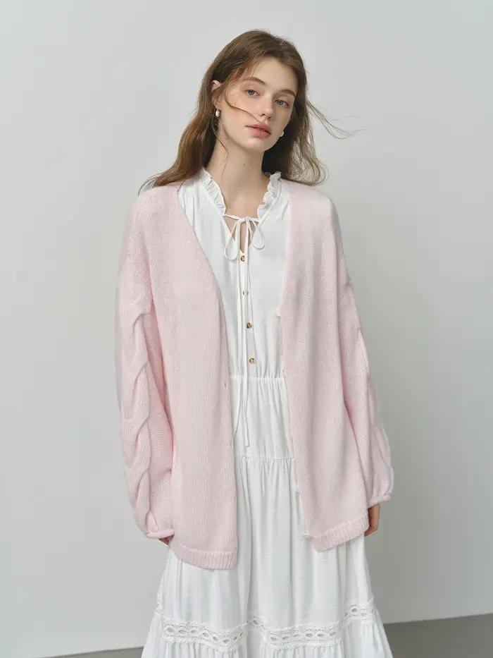 FSLE laine d'alpaga lâche paresseux câble tricoté col en v Cardigan veste femme automne 2025 nouveau
