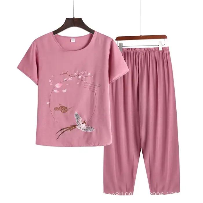 Pyjama Pour Femme décontracté coton lin ensemble de vêtements de nuit Vintage imprimé moyen âge mère