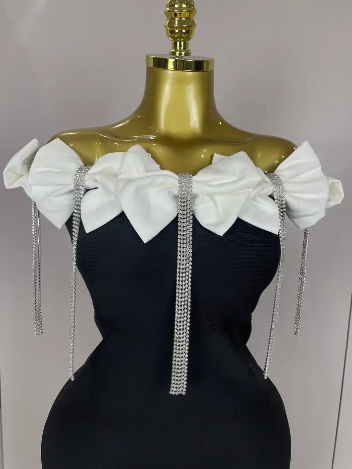 2025 femmes célébrité sexy épaule dénudée fleur diamants noir noeud papillon maxi longue XL robe de 