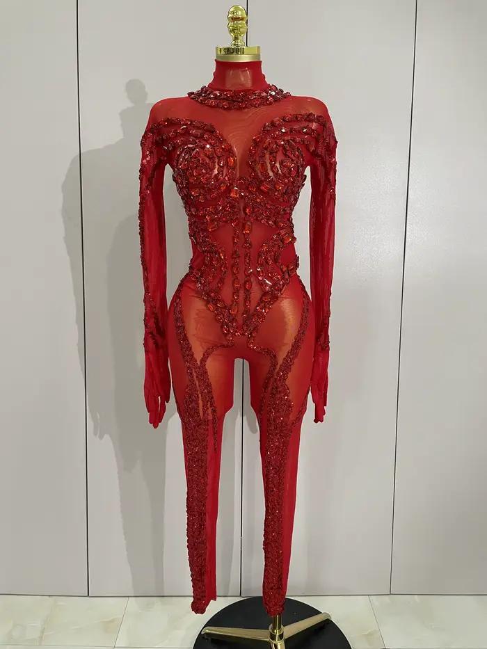 Combinaison de luxe transparente en maille transparente pour femmes, diamants scintillants et paille