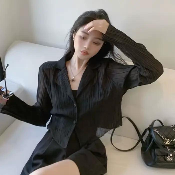 Gidyq-Chemises de protection solaire noires pour femmes, Streetwear d'été, lèvent, Manches longues, 