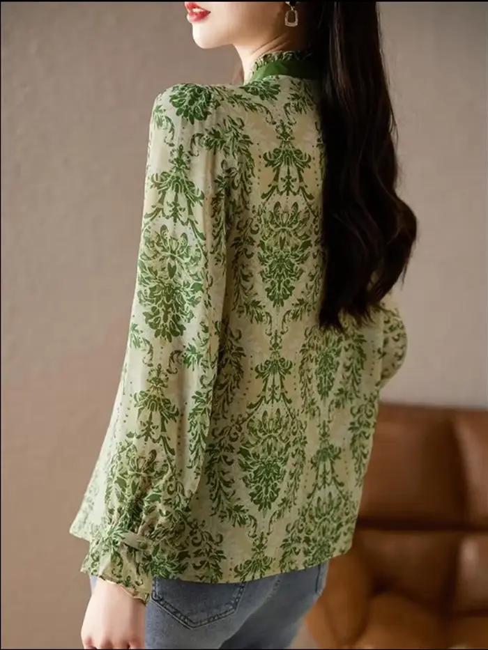 Chemise à volants avec nœud pour femme, manches lanterne, haut décontracté, col montant, ruban, chem