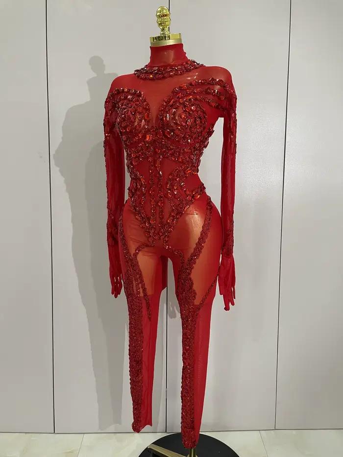Combinaison de luxe transparente en maille transparente pour femmes, diamants scintillants et paille