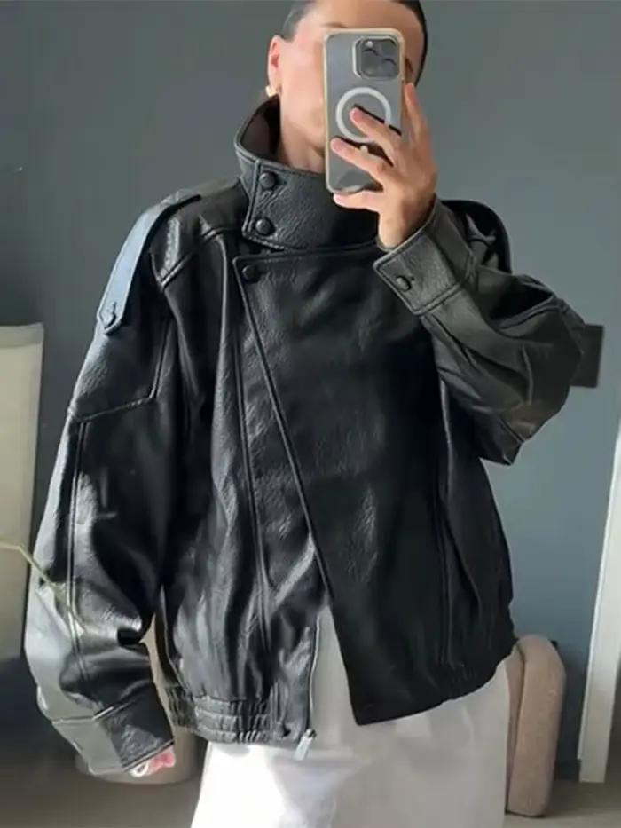 HH automne veste en simili cuir pour femmes décontracté solide fermeture éclair manches longues en c