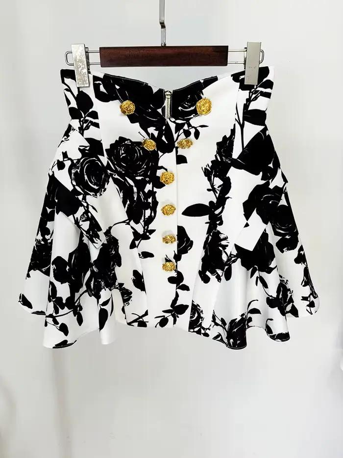 HIGH STREET Nouveauté 2026 Mini-jupe florale imprimée pour femme, style défilé de créateur, avec bou