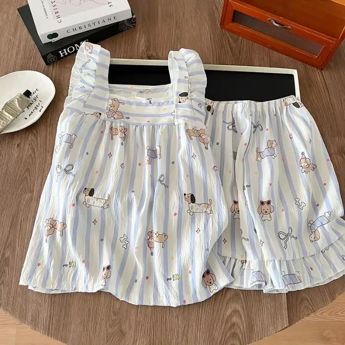 Pyjama rayé pour femme, printemps et été, ensemble deux pièces à manches courtes et short, vêtements