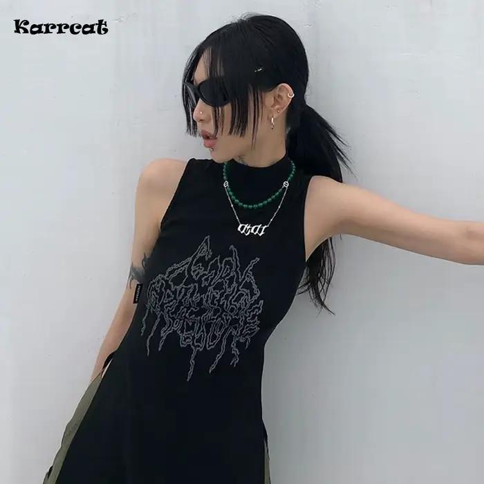Karrcat Yamamoto Style débardeur noir Grunge gothique col roulé hauts Cyber Y2k Chic vêtements de cr