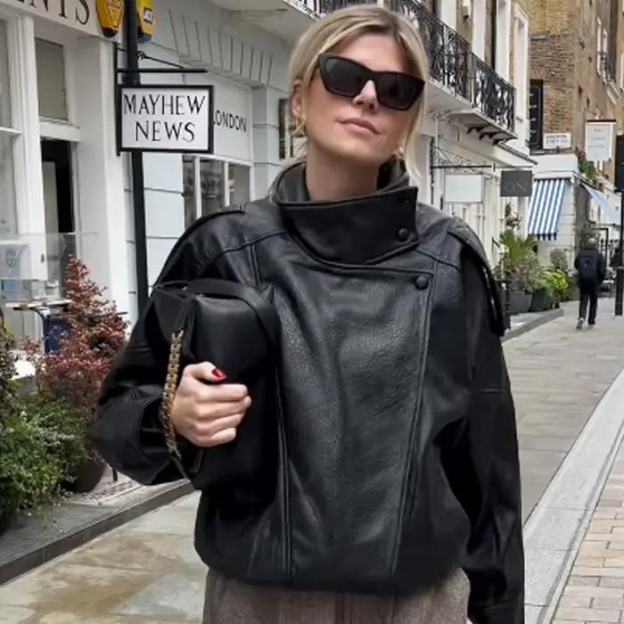 HXAO Veste bombardier asymétrique en simili cuir pour femme, courte, noire, surdimensionnée, à la mo