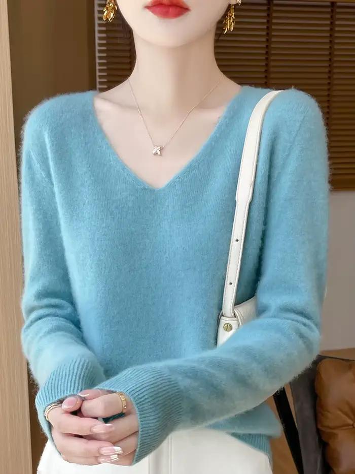 Pull pour femmes 100% laine mérinos col en V pull automne hiver basique chaud pulls à manches longue