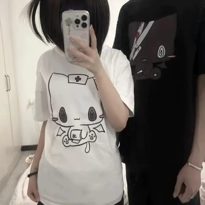 Femmes t-shirts dessin animé imprimé drôle Couple doux à manches courtes col rond ample Y2k Harajuku